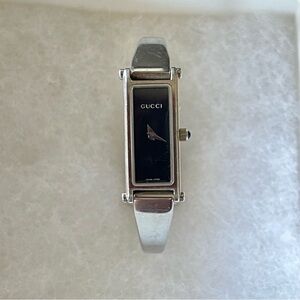 Vintage Gucci Silver Bangle Watch with Black Dial (EUC)